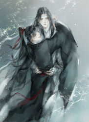 Rule 34 | 2boys, alternate hairstyle, black hair, black hanfu, branch, chinese clothes, closed mouth, couple, dizi, faux traditional media, flower, flute, flute tassel, grey background, grey eyes, hair ribbon, half updo, hanfu, headband, height difference, high ponytail, holding, holding flute, holding instrument, hug, ink wash painting, instrument, kcllzas163, lan wangji, light particles, long hair, long sleeves, looking at viewer, looking back, male focus, modao zushi, multiple boys, parted lips, ponytail, red ribbon, red sash, ribbon, robe, sash, sleeves past wrists, smile, standing, tassel, third-party source, transverse flute, wei wuxian, white flower, white hanfu, white headband, wide sleeves, yaoi