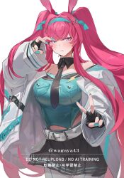 Rule 34 | 1girl, absurdres, animal ears, aqua hairband, aqua nails, arknights, bare shoulders, belt, belt buckle, black gloves, black necktie, black skirt, blush, breast pocket, breasts, buckle, closed mouth, commentary request, cowboy shot, detached collar, double v, fingerless gloves, fingernails, gloves, grey pantyhose, hair intakes, hair ornament, hairband, highres, jacket, large breasts, long hair, looking at viewer, miniskirt, nail polish, navel, necktie, off shoulder, official alternate costume, pantyhose, pink eyes, pink hair, pleated skirt, pocket, ray (arknights), ray (dreaming high) (arknights), simple background, skirt, solo, standing, tie clip, twitter username, v, very long hair, wagaya43, watermark, white background, white belt, white jacket, x hair ornament