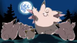Rule 34 | blacknirrow, clefable, clefairy, cleffa, commentary, english commentary, evolutionary line, full moon, gen 1 pokemon, gen 2 pokemon, highres, moon, night, nintendo, no humans, open mouth, pink hair, pointing, pokemon, pokemon (creature), shadow, smile, standing, standing on one leg, tail, tree, wings