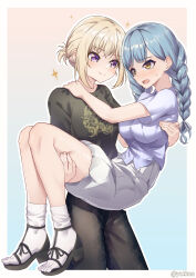 Rule 34 | 2girls, absurdres, bang dream!, bang dream! it&#039;s mygo!!!!!, black pants, black shirt, black shoes, blonde hair, blue background, blue hair, blush, braid, carrying, closed mouth, commentary, gradient background, hair up, hand on another&#039;s waist, highres, long hair, misumi uika, multiple girls, pants, princess carry, purple eyes, purple shirt, shirt, shoes, short sleeves, skirt, smile, socks, sparkle, togawa sakiko, twin braids, twitter username, white skirt, white socks, yellow background, yellow eyes, yuri, yzlkun