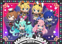 Rule 34 | 2019, 2boys, 4girls, :3, :d, animal ears, aqua eyes, aqua hair, artist name, asymmetrical footwear, asymmetrical legwear, black pants, black shoes, black thighhighs, blonde hair, blue eyes, blue hair, blush, bow, brown eyes, brown hair, chibi, chibi only, closed mouth, commentary request, copyright name, copyright notice, diamond facial mark, dress, facial mark, fake animal ears, fang, full body, gloves, green eyes, grey shirt, hair bow, hat, hatsune miku, holding, holding wand, juggling, kagamine len, kagamine rin, kaito (vocaloid), logo, long hair, magical mirai (vocaloid), magical mirai kaito, magical mirai kaito (2019), magical mirai len, magical mirai len (2019), magical mirai luka, magical mirai luka (2019), magical mirai meiko, magical mirai meiko (2019), magical mirai miku, magical mirai miku (2019), magical mirai rin, magical mirai rin (2019), medium hair, megurine luka, meiko (vocaloid), microphone wand, mini hat, mismatched footwear, mismatched legwear, multiple boys, multiple girls, necktie, ni02 (asahi nini), official art, one eye closed, open mouth, outline, pants, pink hair, pleated skirt, red necktie, red shoes, second-party source, shirt, shoes, short hair, shorts, single leg pantyhose, skirt, smile, star (symbol), striped clothes, striped thighhighs, teeth, thighhighs, tongue, top hat, twintails, upper teeth only, very long hair, vocaloid, wand, white bow, white hat, white outline, white shoes, white shorts, white skirt, white thighhighs