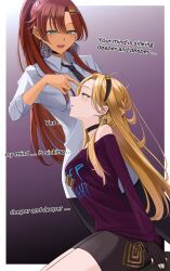 2girls absurdres blonde_hair english_text highres hypnosis mind_control multiple_girls pants pointing shokitai tagme
