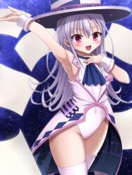 1girl armpits emil_chronicle_online hat kamishibaiya_iris leotard open_mouth red_eyes takanashi_tsukasa thighhighs thighs white_hair white_hat white_leotard white_thighhighs