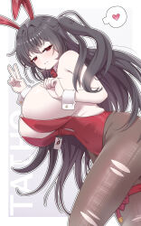 1girl absurdres animal_ear_hairband animal_ears azur_lane bare_shoulders black_hair bow bowtie breasts cleavage fake_animal_ears hair_between_eyes hairband highres huge_breasts leotard long_hair official_alternate_costume one_king_eight pantyhose playboy_bunny rabbit_ear_hairband rabbit_ears red_bow red_bowtie red_eyes red_leotard solo strapless strapless_leotard taihou_(azur_lane) taihou_(fun_on_the_baize)_(azur_lane) torn_clothes torn_pantyhose very_long_hair white_wrist_cuffs wrist_cuffs
