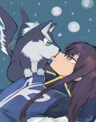 2boys animal_ears blue_fur commentary_request dog dog_ears dog_nose dog_tail gintyatyatyatya highres licking licking_another&#039;s_face long_hair looking_at_another military_uniform multiple_boys notice_lines open_mouth purple_hair repede_(tales) signature tail tail_wagging tales_of_(series) tales_of_vesperia tongue tongue_out yuri_lowell