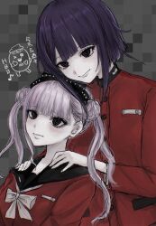1boy 1girl black_eyes brother_and_sister closed_mouth eyelashes fingernails hands_on_another&#039;s_shoulders long_hair long_sleeves looking_at_viewer pink_hair purple_hair red_shirt shirt siblings sirei_(hundred_line) smile the_hundred_line_-last_defense_academy- tsukumo_ima tsukumo_kako twintails upper_body