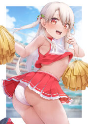 1girl absurdres ass bare_shoulders blush breasts cheerleader commentary_request crop_top fate/kaleid_liner_prisma_illya fate_(series) highres illyasviel_von_einzbern long_hair looking_at_viewer open_mouth panties pom_pom_(cheerleading) red_eyes seven_d3t skirt small_breasts smile solo thighs underwear white_hair
