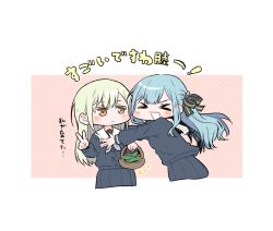 Rule 34 | &gt; &lt;, 2girls, bang dream!, bang dream! it&#039;s mygo!!!!!, black ribbon, black shirt, black skirt, blue hair, blush, commentary request, green hair, hair ribbon, long hair, long sleeves, multiple girls, nago (hasakimati), open mouth, pink background, ribbon, school uniform, shirt, skirt, smile, togawa sakiko, translation request, tsukinomori school uniform, two-tone background, v, wakaba mutsumi, white background, yellow eyes