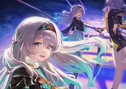 2girls absurdres aqua_dress black_gloves black_hairband black_skirt blue_pupils blush closed_eyes cloud cloudy_sky collared_dress cropped_jacket dress firefly_(honkai:_star_rail) frilled_sleeves frills gloves grey_hair hair_between_eyes hair_intakes hair_tie hairband highres holding_hands honkai:_star_rail honkai_(series) long_hair long_sleeves miniskirt multicolored_eyes multicolored_hair multiple_girls neckerchief open_mouth orange_neckerchief qing231 railing ribbon-trimmed_dress ribbon_trim shooting_star skirt sky smile star_(sky) star_(symbol) starry_sky steam stelle_(honkai:_star_rail) trailblazer_(honkai:_star_rail) two-tone_eyes white_sleeves yuri