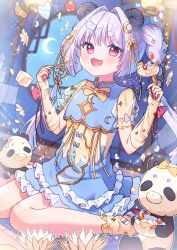 1girl :3 :d animal_ears arm_warmers artist_name blue_dress blush bow bowtie braid cherry commentary cup dress drinking_glass food frilled_dress frills fruit highres holding holding_cup holding_spoon long_hair looking_at_viewer open_mouth original panda panda_ears purple_hair red_eyes red_shoes see-through_clothes see-through_sleeves shoes short_sleeves sitting smile socks solo spoon sugar_cube symbol-only_commentary thick_eyebrows tsukumi_bis twin_braids twitter_username wariza yellow_bow yellow_bowtie yellow_socks