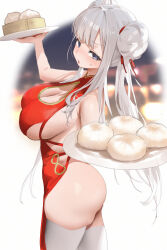 1girl absurdres ass bamboo_steamer steamed_bun breasts charles_(106858) china_dress chinese_clothes cleavage double_bun dress food grey_eyes grey_hair hair_bun highres holding large_breasts long_hair looking_at_viewer original red_dress sideboob solo standing sweatdrop thighhighs white_background white_thighhighs