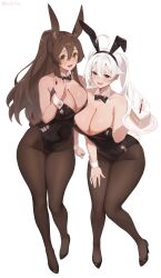 2girls :d absurdres ahoge animal_ear_fluff animal_ear_hairband animal_ears artist_name bare_arms bare_shoulders black_bow black_bowtie black_hairband black_leotard black_pantyhose black_shoes bow bowtie breasts brown_hair cake cake_slice candle cleavage commentary fake_animal_ears food full_body hair_between_eyes hairband hand_on_own_chest hand_on_own_thigh high_heels highres huge_breasts iwbitu leaning_forward leotard long_hair looking_at_viewer multiple_girls nyopu open_mouth original pantyhose plate playboy_bunny ponytail rabbit_ears rabbit_tail shoes simple_background smile symbol-only_commentary tail twintails twitter_username very_long_hair white_background white_hair wrist_cuffs