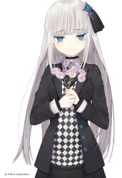 1girl black_choker black_jacket blue_eyes blue_gemstone blunt_bangs blush buttons checkered_clothes checkered_shirt choker copyright_name crying crying_with_eyes_open crystar flower frills gem grey_hair hair_ornament hashtag-only_commentary hatada_rei highres holding holding_flower jacket long_hair long_sleeves looking_at_viewer open_clothes open_jacket purple_flower riuichi shirt skirt smile solo tears very_long_hair white_background
