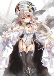 alternate_breast_size ayanami_(azur_lane) azur_lane blush bow breasts buttons cross flandre_(azur_lane) flandre_(azur_lane)_cosplay garter_straps hair_bow highres large_breasts large_hat long_hair orange_eyes thighs thsr_sawa_taki white_background white_hair