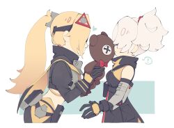 ! 2girls black_gloves black_scarf blindfold blonde_hair chibi closed_mouth cowboy_shot from_side gloves heart holding holding_stuffed_toy long_hair multiple_girls open_mouth ponytail ranta000 scarf smile soldier_11_(zenless_zone_zero) stuffed_toy trigger_(zenless_zone_zero) white_hair yuri zenless_zone_zero