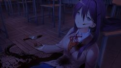 1girl arms_at_sides blazer blood blood_on_body blood_on_clothes blood_on_face blood_on_ground blood_on_hands blood_splatter blood_stain blood_trail bloody_knife blue_skirt breasts brown_jacket brown_sweater_vest button_gap buttons classroom collared_shirt corpse dark death decay desk doki_doki_literature_club doki_doki_literature_club_school_uniform dot_nose double-parted_bangs dress_shirt dried_blood empty_eyes eyebrows_hidden_by_hair fallen_down fingernails frown game_cg grey_eyes grey_jacket hair_between_eyes hair_intakes hair_ornament hairclip half-closed_eyes highres horror_(theme) impossible_clothes indoors injury jacket knife large_breasts leaning_back leaning_on_object light_frown long_eyelashes long_hair long_sidelocks long_sleeves neck_ribbon night non-web_source official_art on_floor open_hands pale_skin parted_lips pleated_skirt pool_of_blood purple_hair raised_inner_eyebrows red_ribbon ribbon satchely school school_desk school_uniform self-harm shirt sidelocks sitting skirt solo spoilers stab suicide sunken_cheeks sweater_vest teeth thick_eyelashes upper_body variant_set very_long_hair wing_collar wooden_chair wooden_desk wooden_floor yuri_(doki_doki_literature_club)