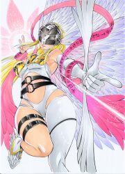 1girl angel_wings angewomon arrow_(projectile) bare_shoulders blonde_hair bodysuit boobplate bow_(weapon) breastplate breasts cleavage clothing_cutout covered_eyes digimoji digimon digimon_(creature) digimon_adventure energy_arrow feathered_wings helmet helmet_over_eyes highres hip_vent large_breasts long_hair miura_satoru navel pink_lips pink_ribbon ribbon smile solo stomach_cutout weapon white_bodysuit winged_helmet wings