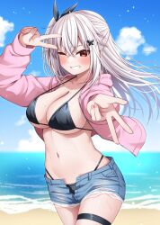 1girl arm_up beach bikini black_bikini blue_shorts breasts cleavage commentary_request cowboy_shot cutoffs day denim denim_shorts double_v etna_(kuzuyu) hair_ribbon halterneck highleg highleg_bikini highres jacket komori_kuzuyu long_hair long_sleeves looking_at_viewer medium_breasts navel ocean one_side_up open_clothes open_fly open_jacket original outdoors pink_jacket ribbon short_shorts shorts solo stomach strap_gap string_bikini swimsuit thigh_strap v wet white_hair