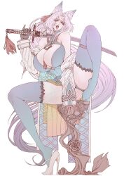 1girl blue_socks blue_thighhighs breasts cleavage dress eyelashes feixiao_(honkai:_star_rail) gloves green_eyes high_heels highres holding holding_weapon honkai:_star_rail honkai_(series) jun_wu_mo katana large_breasts legs long_hair looking_at_viewer shoes sleeveless sleeveless_dress socks sword thick_thighs thighhighs thighs tongue tongue_out weapon