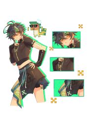 Rule 34 | 1boy, absurdres, ajaw (genshin impact), arm tattoo, black gloves, black hair, black shirt, black shorts, black sleeves, crop top, earrings, erzplubdduik93g, genshin impact, gloves, green eyes, green hair, hair between eyes, headband, highres, jewelry, kinich (genshin impact), leg tattoo, male focus, midriff, multicolored hair, shirt, short hair, short sleeves, shorts, streaked hair, tattoo, white background