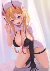1girl :d all_fours azur_lane between_breasts black_bra black_gloves black_panties blonde_hair blush bra bracelet breasts cleavage commentary cross_hair_ornament curtains dress elbow_gloves fang gloves hair_between_eyes hair_ornament hat highres holding holding_syringe horns indoors jewelry kneeling kumano_(azur_lane) large_breasts long_hair looking_at_viewer nail_polish necktie necktie_between_breasts nurse nurse_cap official_alternate_costume open_mouth panties purple_eyes red_nails red_necktie rizzy short_sleeves single_elbow_glove single_glove skin_fang skindentation smile solo syringe thigh_strap thighs underwear