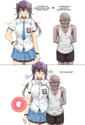 1boy 1girl aftersex breasts choker commentary confused highres hypnosis impregnation mind_control mulitcoloured_hair old old_man orginial purple_hair school_uniform shirt springveiv stray_pubic_hair tagme twintails white_background white_shirt