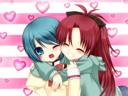 10s asazuki_kanai blue_eyes blue_hair blush highres kanai_amachi long_hair mahou_shoujo_madoka_magica mahou_shoujo_madoka_magica_(anime) miki_sayaka multiple_girls ponytail red_hair sakura_kyoko school_uniform short_hair