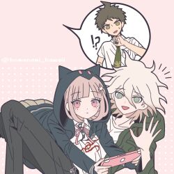 Rule 34 | !?, 1girl, 2boys, :d, ahoge, black jacket, black pants, black shirt, brown hair, d:, danganronpa (series), danganronpa 2: goodbye despair, dress shirt, frown, green jacket, grey background, hand up, hinata hajime, hood, hood down, hood up, hooded jacket, jacket, komaeda nagito, komanami kawaii, long sleeves, lying, multiple boys, nanami chiaki, neck ribbon, open clothes, open jacket, open mouth, outside border, pants, pink eyes, pink ribbon, print shirt, ribbon, shirt, smile, spoken character, sweatdrop, white shirt