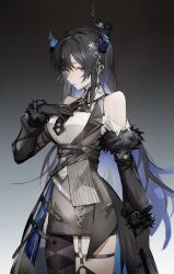 1girl asymmetrical_horns asymmetrical_legwear black_gloves black_hair black_necktie black_skirt black_vest blue_hair clothing_cutout collared_dress collared_shirt colored_inner_hair cowboy_shot demon_horns detached_sleeves dress fur-trimmed_sleeves fur_trim gloves gradient_background hair_between_eyes hair_ornament hand_on_own_chest hashtag-only_commentary highres hololive hololive_english horns long_hair looking_at_viewer mole mole_under_eye multicolored_hair necktie nerissa_ravencroft nerissa_ravencroft_(1st_costume) parted_bangs pencil_skirt red_eyes shirt shoulder_cutout sidelocks skirt solo standing sumi_1800 tassel tassel_hair_ornament thigh_strap underbust very_long_hair vest white_shirt