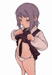 1girl absurdres black_dress chainsaw_man closed_mouth clothes_lift death_devil_(chainsaw_man) deep_wound dress dress_lift fami_(chainsaw_man) highres injury kirtome long_sleeves panties purple_hair ringed_eyes shirt simple_background solo spoilers underwear white_background white_panties white_shirt yellow_eyes