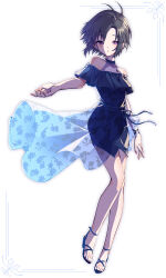 1girl antenna_hair ayuko_ammobium bare_legs black_dress black_hair dress full_body half-closed_eyes hand_up highres idolmaster idolmaster_(classic) jewelry kikuchi_makoto legs necklace purple_eyes sandals short_hair simple_background solo standing strappy_heels toes tomboy white_background