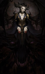 1girl black_dress black_lips blood blood_on_hands breasts cleavage demon_girl demon_horns demon_wings diablo_(series) dress fingernails g-redon heterochromia highres horns lilith_(diablo) looking_at_viewer sharp_fingernails solo wings