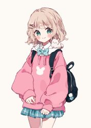 1girl absurdres animal animal_on_shoulder aqua_bow aqua_bowtie aqua_eyes aqua_skirt backpack bag black_bag blush_stickers bow bowtie brown_hair choppy_bangs closed_mouth collared_shirt commentary cowboy_shot drawstring hair_ornament hairclip highres hood hoodie long_sleeves looking_at_viewer medium_hair miniskirt napo_(napo_illust) original pink_hoodie plaid_clothes plaid_skirt print_hoodie puffy_long_sleeves puffy_sleeves school_uniform shirt simple_background skirt sleeves_past_wrists smile solo split_mouth standing symbol-only_commentary wavy_hair white_background white_shirt x_hair_ornament