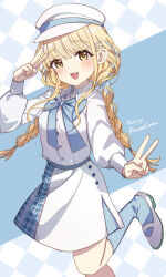 1girl :d argyle_background arm_up artist_name blonde_hair blue_bow blue_socks blush bow braid breasts brown_eyes collared_shirt commentary_request dress_shirt fang feet_out_of_frame fujita_kotone gakuen_idolmaster hat idolmaster long_hair looking_at_viewer low_twintails mao_xiaozha_(rumiechen) open_mouth peaked_cap plaid_clothes plaid_skirt shirt shoes skirt small_breasts smile socks solo standing standing_on_one_leg twin_braids twintails v very_long_hair white_hat white_shirt white_shoes white_skirt