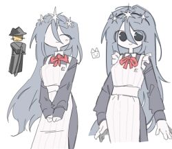 1boy 1girl apron black_dress blue_hair closed_mouth cowboy_shot crown dream_game dress eunoia_(dream_game) hair_between_eyes hairband highres kkongchi1167263 long_hair long_sleeves looking_at_viewer mafioso_(dream_game) maid multiple_views neck_ribbon red_ribbon ribbon roblox simple_background smile very_long_hair white_apron white_background