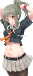 1girl arms_up belt belt_buckle black_belt black_pantyhose blue_shirt breasts brown_eyes buckle commentary_request cowboy_shot crop_top cropped_shirt green_hair grey_skirt highres k_jie kantai_collection looking_at_viewer medium_breasts midriff miniskirt navel neckerchief orange_neckerchief pantyhose pleated_skirt ponytail sailor_collar shirt short_sleeves sidelocks simple_background skirt solo standing tying_hair white_background white_sailor_collar yuubari_(kancolle)