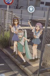 3girls bandaid bandaid_on_cheek bandaid_on_face bandaid_on_knee bandaid_on_leg blue_bow blue_eyes blue_hairband blue_skirt bow brown_hair brown_shoes bush cosmos_34 double_v epinel_(nikke) fence folkwang_(nikke) goddess_of_victory:_nikke green_eyes green_hair green_skirt grey_hair hair_bow hair_ornament hairband head-mounted_display high_school_girls_posing_for_google_street_view_(meme) highres kneehighs looking_at_viewer meme multicolored_hair multiple_girls nepenthe_(nikke) open_mouth photo_background ponytail purple_eyes purple_hair road_sign rumani_(nikke) school_uniform serafuku shirt shoes sign skirt smile socks standing star_sticker streaked_hair v white_shirt white_socks