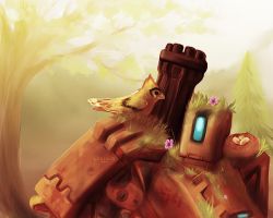 10s 2016 animal animal_on_shoulder artist_name bastion_(overwatch) bird bird_on_shoulder egg flower ganymede_(overwatch) gun lycisca nest no_humans non-humanoid_robot outdoors overwatch overwatch_1 robot tree weapon
