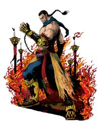 Rule 34 | 1boy, absurdres, black hair, blue pants, blue scarf, braid, feng wei, fingerless gloves, floating hair, forked eyebrows, frown, full body, gloves, highres, jbstyle, long hair, looking at viewer, male focus, muscular, muscular male, non-web source, official art, pants, scarf, solo, tekken, tekken 7, topless male, white background