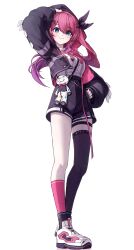 1girl absurdres aqua_eyes armillarphere_v asymmetrical_legwear black_jacket black_shorts black_socks black_thighhighs center_frills closed_mouth collared_shirt frills full_body hair_between_eyes highres hood hooded_jacket jacket kneehighs kuramochi_meruto long_hair long_sleeves looking_at_viewer mismatched_legwear nijisanji open_clothes open_jacket pants pants_tucked_in pink_hair pink_socks shirt shoes shorts simple_background smile socks socks_over_kneehighs socks_over_thighhighs solo standing thigh_strap thighhighs uneven_legwear virtual_youtuber white_background white_shirt white_shoes