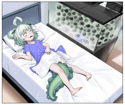 Rule 34 | 1girl, agemmata, ahoge, barefoot, bed, bubble hair ornament, colored skin, colored tongue, constricted pupils, fang, fish tank, flat chest, frog egg, frog girl, green hair, green skin, green tongue, highres, hospital bed, hospital gown, huge ahoge, indie virtual youtuber, lying, medium hair, on back, open mouth, pillow, rebbi rompin, red eyes, self-upload, shaking, short twintails, skin fang, spiral cheeks, sweat, tadpole, tadpole tail, thick eyebrows, towel, traumatized, twintails, virtual youtuber