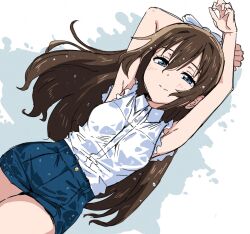 Rule 34 | 1girl, armpits, arms up, blue eyes, blue shorts, blush, bow, breasts, brown hair, closed mouth, collared shirt, commentary, cowboy shot, frilled shirt, frills, hair between eyes, hair bow, half-closed eyes, hashtag-only commentary, highres, long hair, looking at viewer, love live!, love live! nijigasaki high school idol club, medium breasts, osaka shizuku, shirt, short shorts, shorts, sleeveless, sleeveless shirt, smile, solo, split mouth, wet, wet clothes, wet hair, wet shirt, wet shorts, white bow, white shirt, yanekawara