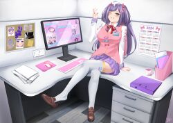 1girl absurdres aqua_eyes bow breasts brown_shoes calendar_(object) computer_keyboard computer_mouse crossed_legs cup desk elthea_notes hair_bow hair_ornament hairpin highres ikmal_shaffie indie_virtual_youtuber long_hair long_sleeves monitor multicolored_hair name_tag on_desk one_eye_closed paper_stack pink_bow plaid_clothes plaid_skirt purple_hair purple_skirt red_bow shirt shoes signature sitting skirt smile solo streaked_hair thighhighs virtual_youtuber white_hair white_shirt white_thighhighs