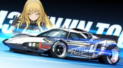 1girl arm_up black_gloves blonde_hair breasts car closed_eyes english_text gloves hairband highres kyono_kiara makino_momiji_(artist) motion_lines motor_vehicle original race_queen race_vehicle racecar speed_lines spoiler_(automobile) sports_car thick_eyelashes vehicle_focus vehicle_request white_hairband