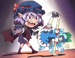 2girls black_footwear black_jacket black_skirt black_socks blazer bloomers blue_dress blue_eyes blue_hair bow breakdance brown_footwear brown_socks cirno cirno_day commentary demon_wings dress english_commentary formal_clothes full_body green_bow grey_hat grin hair_between_eyes hat hat_bow highres ice ice_wings iosys jacket looking_at_viewer mob_cap multiple_girls necktie one_eye_closed open_mouth pinafore_dress pointy_ears purple_hair red_bow red_eyes red_necktie remilia_scarlet sharp_teeth shoes short_hair skirt sleeveless sleeveless_dress smile sneakers socks standing suit teeth thekkm touhou underwear white_bloomers wings