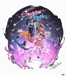 2girls ahoge arms_up axe blue_hair commission full_body gun hair_ornament hat highres holding holding_axe holding_gun holding_weapon hololive hoshimachi_suisei huge_ahoge jun_wei looking_at_viewer multiple_girls orange_pantyhose pantyhose pink_hair pink_skirt plaid_clothes plaid_skirt sakura_miko shoes skirt smile teeth upper_teeth_only virtual_youtuber weapon white_shoes