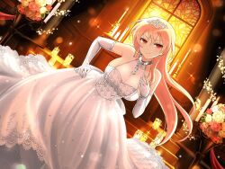 1girl altar bare_shoulders blonde_hair blush bouquet breasts bride candle candlelight candlestand church cleavage collarbone dress elbow_gloves fire flower frilled_dress frilled_gloves frills gloves indoors jewelry lace lace-trimmed_dress lace_trim large_breasts leaf light_particles long_hair looking_at_viewer necklace official_alternate_costume official_art open_mouth red_eyes red_flower red_rose ring rose see-through_clothes see-through_cleavage senran_kagura senran_kagura_new_link senran_kagura_new_wave smile smirk solo souji_(senran_kagura) sparkle stained_glass standing tiara very_long_hair wax wedding wedding_dress wedding_ring white_dress white_flower white_gloves white_rose yaegashi_nan
