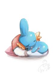 1other closed_eyes gen_3_pokemon head_on_pillow highres holding_own_tail lying mudkip nintendo noir_(noir_0010) on_pillow on_stomach pillow pokemon pokemon_(creature) shadow signature sleeping solo tail white_background