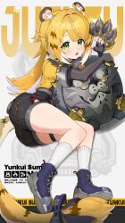 1girl absurdres animal_ear_fluff animal_ears black_shorts blonde_hair claw_(weapon) claw_pose colored_inner_hair elbow_gloves fang full_body gloves green_eyes high-waist_shorts highres jacket ju_fufu knbd looking_at_viewer lying multicolored_hair on_side shorts smile socks striped_fur tail tiger_ears tiger_girl tiger_tail weapon white_socks yellow_jacket zenless_zone_zero