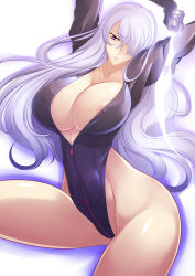 1girl areola_slip arms_up breasts cleavage collarbone covered_erect_nipples covered_navel cowboy_shot curvy energy_blade female_focus grey_eyes haganef hair_over_one_eye highleg highleg_leotard huge_breasts large_breasts leotard light_purple_hair long_hair long_sleeves looking_at_viewer original parted_lips purple_eyes solo thick_thighs thighs triangle_mouth unzipped white_hair wide_hips